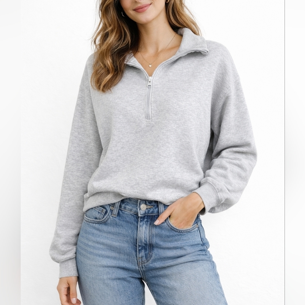 Abercrombie & Fitch Light Gray Half-Zip Cotton Blend Sweatshirt